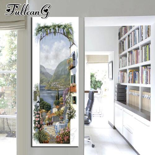 FULLCANG 5d diy diamond painting garden and lake large full square/round drill mosaic embroidery landscape wall decor FC1178