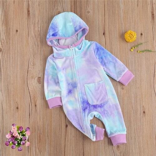 Spring Autumn Baby Romper Long Sleeve Hooded Baby Boy Girls Tie Dye Print Jumpsuit Newborn Infant Toddler Warm Sleepwear Clothes