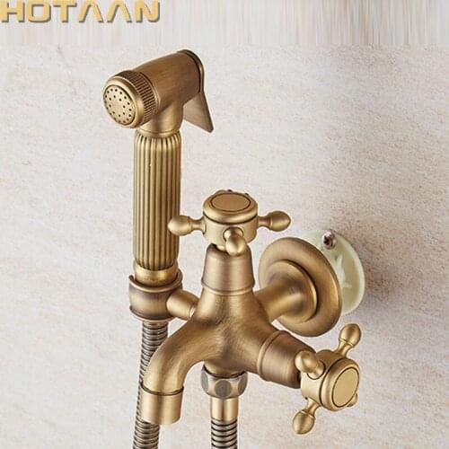 Hotaan Antique Brass Handheld Toilet Bidet Sprayer Set Hand Bidet Faucet For Bathroom Hand Sprayer Shower Head Self Cleaning