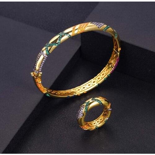 Janekelly African Bangle Ring Set Jewelry Sets For Women Indian Wedding Cubic Zircon Crystal jewellery Dubai Bridal Jewelry Set