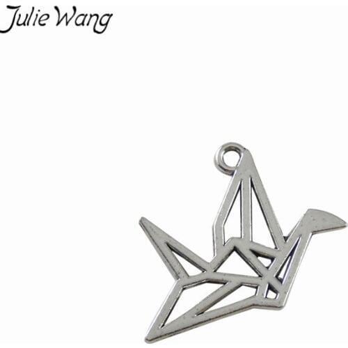 Julie Wang 20PCS Hollow Bird Paper Crane Shape Pendant Charms Antique Silver Color DIY Women Dangle Earring Keychain Accessory