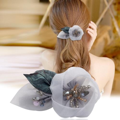 Korean Elegant Flower Headwear Rhinestone Juan Yarn Hairpin Spring Clip Sweet Statement Hair Bows Clips for Women Accessories