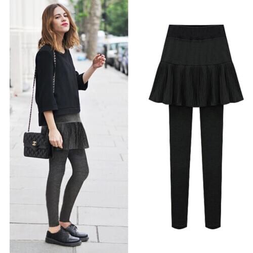 High Waist Leggings With A-Line Pleated Skirt + Long Pants Women Winter Fleece Warm Black Leggings Female Plus Size 5XL 6XL