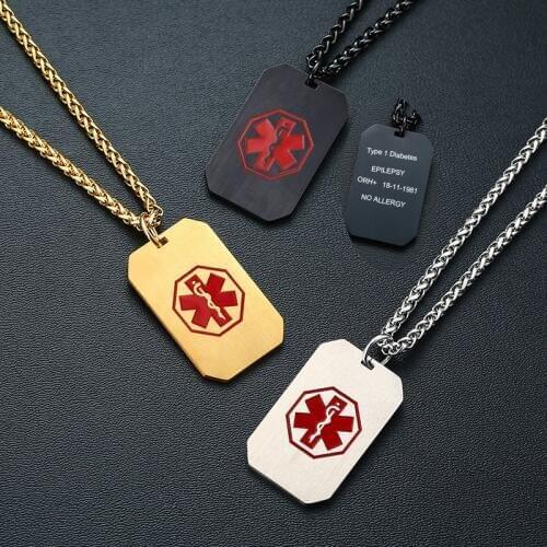 Medical Alert Neckalce Stainless Steel Custom Engraved Medic ID Military Dog Tag Diabete Pendant Emergency Men Jewelry