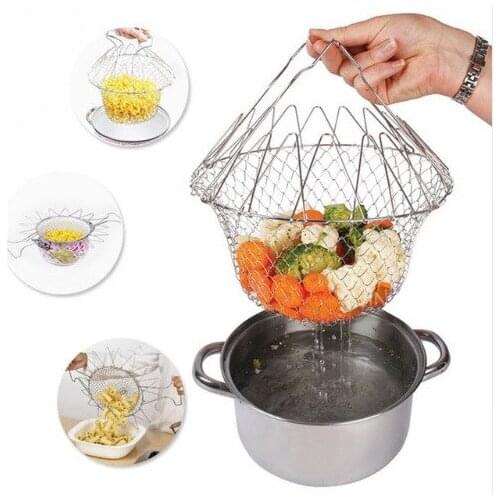 Multi-Function Foldable Steam Rinse Strain Stainless Steel Frying Basket Cook Special colander sieve Mesh Strainer Kitchen tool
