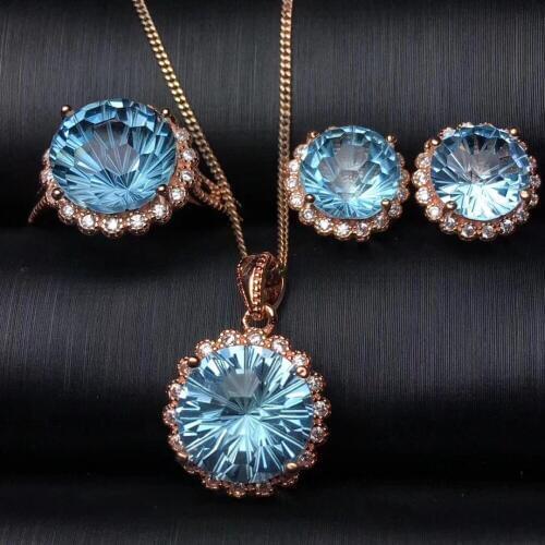 Fashion Sunflower Natural blue Fireworks topaz earrings ring Pendant Natural Gemstone Jewelry Sets 925 Silver Women gift jewelry