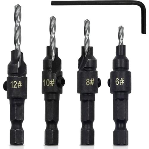4/5pcs Countersink Drill Bit Set Wood Tools Woodworking Drill Bit Pilot Holes Hex Shank Screw Size #5 #6 #8 #10 #12 With wrench