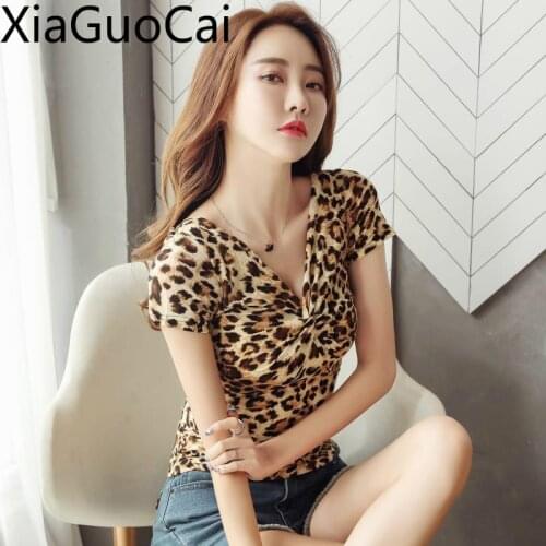 Newest Leopard Short-sleeved Women T-shirt V-neck Womens Tops Bow Slim Summer Ladies T-shirts Clothes