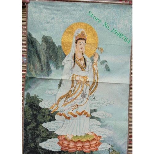 36 inch Chinese Silk embroidery Stand Kwan-yin Guan Yin Goddess Thangka Paintings Mural