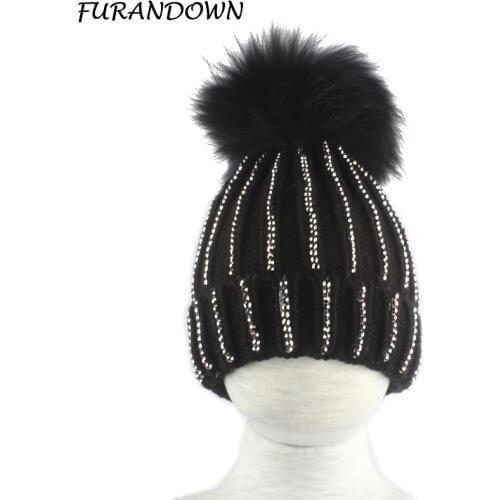 2019 Children Winter Thick Knitted Slouchy Beanie Cotton Skullies Kids Rhinestone Hats For Boy Girl Real Fur Pompom Hat