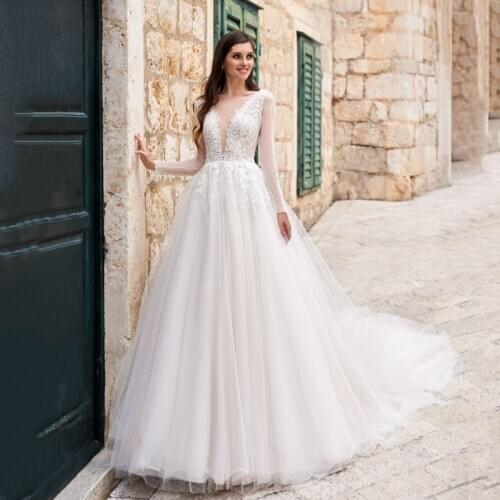 Thinyfull Princess Sheer Scoop Neck Wedding Dresses A Line Long Sleeve Bride Dresses Backless Tulle Lace Appliques Bridal Gown