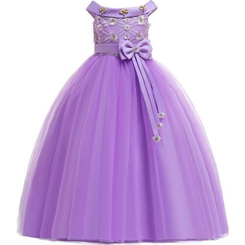 Girls Party Long Dress Elegant Princess Off Shoulder Embroidery Solid Color Dresses for Girls Flower Girls Baptism Wedding Dress