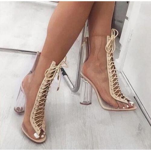 2017 Summer Brand Women Transparent PVC Black White Gladiator Peep Toe Cuts Out Lace Up Rough Heel Mid-calf Boots