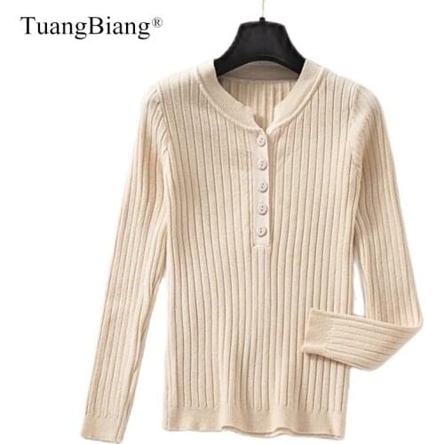 Ladies Long Sleeve Knitted Autumn Button Sweaters Basic Women Elastic O-Neck Single-Breasted Pullover 2021 Cotton Winter Jumpers