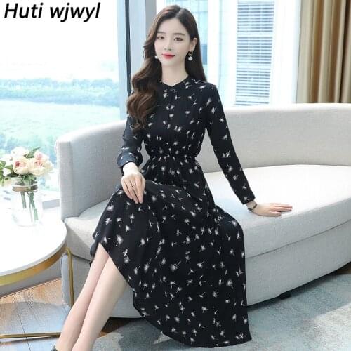 Autumn Winter Black Office Lady Shirt Dress Chiffon Casual Vintage Print Beach Midi Dress 2021 Women Bodycon Party Midi Vestidos