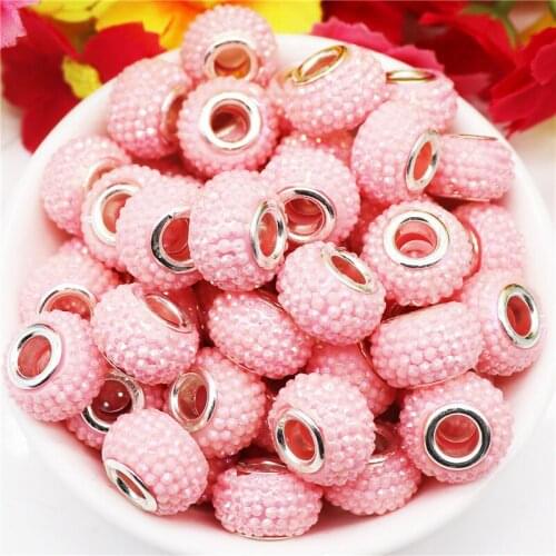 10 Pcs 15x10mm New Pink Color Murano Large Hole Resin Beads with Silver Brass Cores European Charm Fit Pandora Bracelet Necklace