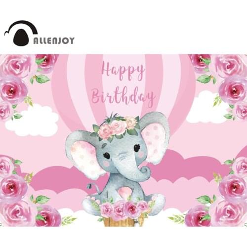 Allenjoy Girl Happy Birthday Elephant Backdrop Pink Flowers Hot Air Balloon Cloud Sky Vinyl Party Banners Baby Shower Supplies