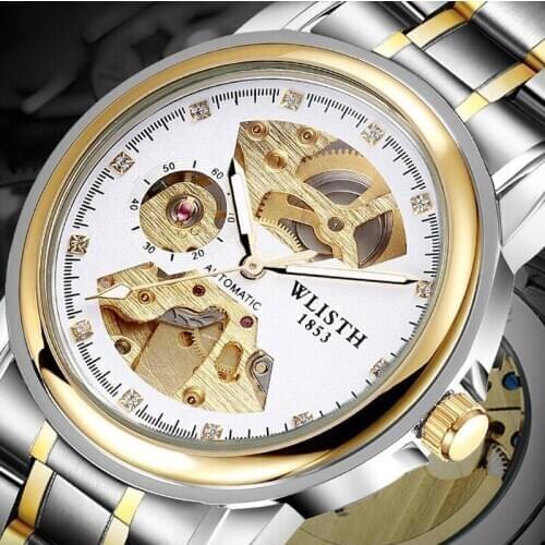 Top WLISTH Brand Men Skeleton Gold Watch Automatic Mechanical Mens Steel Watches Waterproof Self-winding Clock Stainless Steel