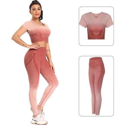 Ombre Fitness Women Yoga Set Short Sleeve Yoga Shirts+Seamless Leggings High Waist Sports Suits Gym Clothing Sportswear Athletic