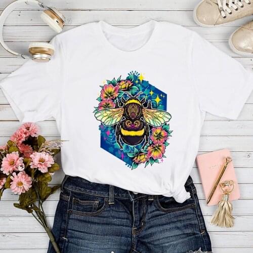 T-shirts Women Cartoon Bee Flower Fashion 2021 Spring Summer Clothing Tshirt Top Lady Stylish Girl Print Clothes Tee T-Shirt