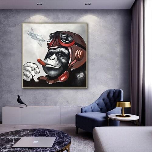 Smoking monkey wall art painting Animal pilot canvas art printing square wall poster picture for living room decoration