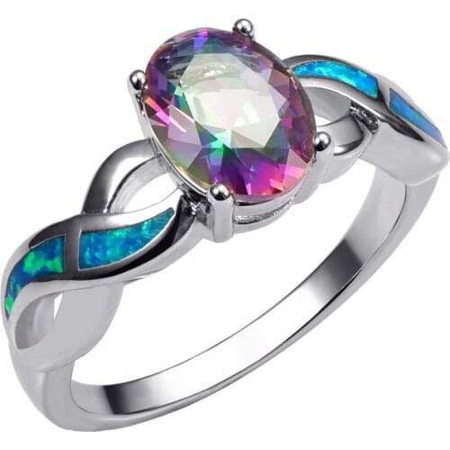 Rose Rainbow Crystal ZirconWith Blue Fire Opal 925 Sterling Silver Ring Beautiful Jewelry Size 6 7 8 9 10 R1425