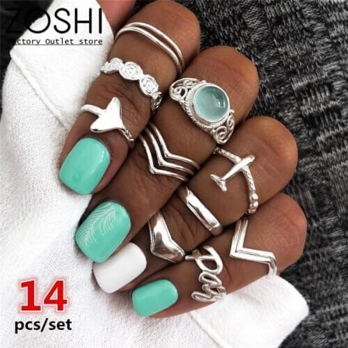 14pcs/set BlueJasper Peace Plane Arrow Ring Set Letter Boho Vintage Red Coral Wing Rings For Women Mid Rings Finger Knuckle