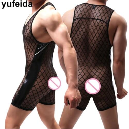 Mens Undershirts Sexy Mesh Bodysuit See Through Jumpsuit Wrestling Singlet Underwear Leotard Dance Clubwear Boxer Shorts Pouch