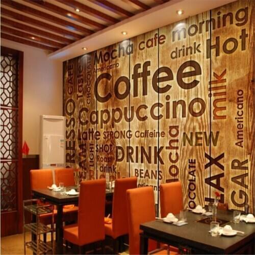 BEIBEHANG Custom Nonwovens Wallpaper Coffee Shop English Letter Wooden Cafe Mural Background Wall Painting