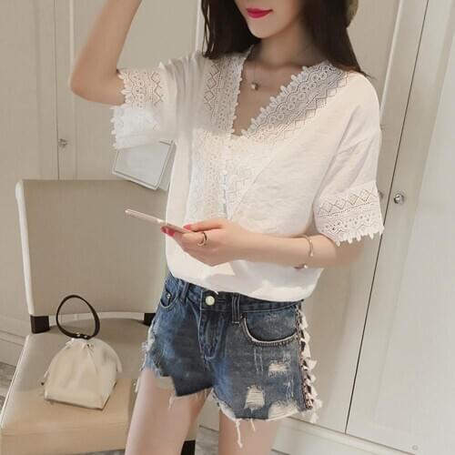 Casual Short T shirt Women Solid Color V Neck Short Sleeve Lace Loose Chiffon T-shirt Blouse Ladies Fashion T-shirt Crop Tops