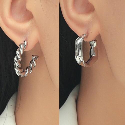 Silver Color Irregular C-shaped Twist Geometric Statement Earrings for Women Vintage Metal Personality Exaggeration Jewelry