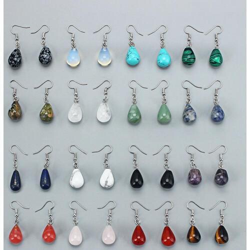 Water Drop Natural Stone Dangle Earring for Women Tiger Eye Clear Quartz Lapis Opal Obsidian Drop Cone Bead Hook Earrings