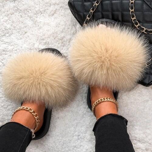 100% Real Raccoon Fox Fur Slides Women Summer Slipper Fluffy Home Shoes Woman Ladies Flip Flops Sandal Furry Luxury Fashion 2020
