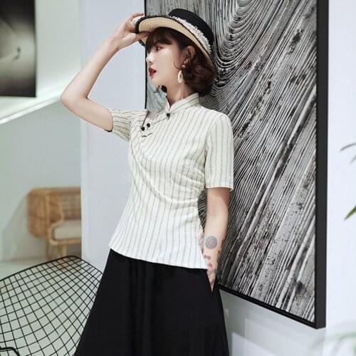 Traditional Chinese Clothing for Women Floral Stripe Shirt Casual Suits Black Dress Female Qipao Elegant Vintage Cheongsam Top