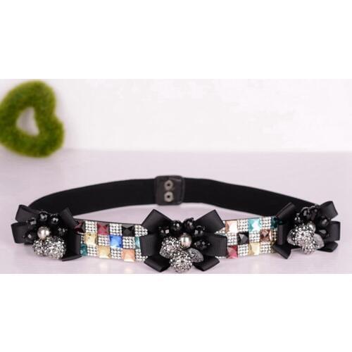 Vintage Skinny Waist Belt for Women Crystal Beads Flower Elastic Cummerbunds Cinch Strap Stretch Waistband