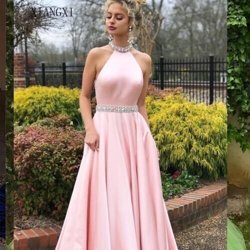 2020 BacklakeGirls Sexy licou cou dos nu robe de soirée femmes sans manches cristal Satin robe abend kleid robe de bal longue