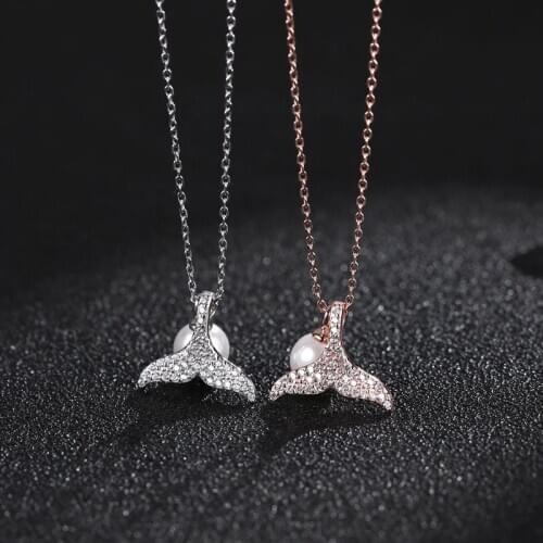 925 Sterling Silver Mermaid Fish Tail Simulation Pearl Clavicle Chain Necklace Women Fashion Simple Dress Jewelry Accessories