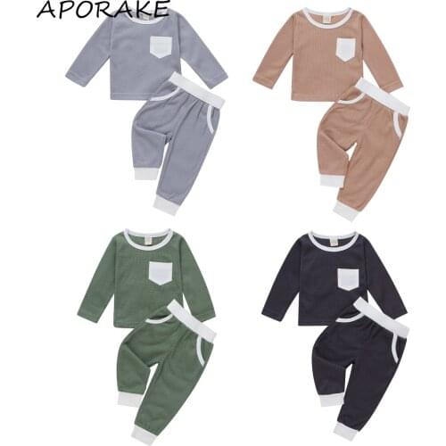2021 3-24M Casua Infant Boy Girl Clothes Set Pockets Patch Long Sleeve Top+Pants Spring Autumn Toddler Cotton 2pcs