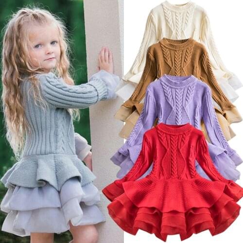 2019 Winter Knitted Chiffon Girl Dress Christmas Party Long Sleeve Children Clothes Kids Dresses For Girls New Year Clothing