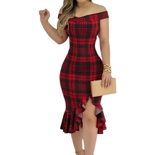 2021 Spring Summer New Fashion Party Dress Women Elegant Off Shoulder Plaid Print Dress Sexy Hem Slit Slim Backless Dress Mujer