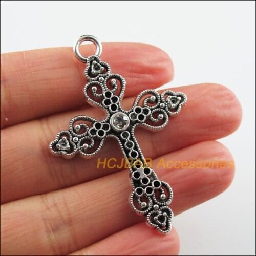 8 New Cross Charms Clear Crystal Heart Pendants Tibetan Silver Color 34.5x50mm