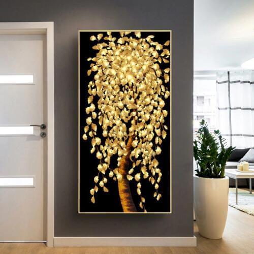 Abstract Golden Leaves and Money Tree Oil Painting on Canvas Posters and Prints Wall Art Pictures for Living Room Cuadros Decor