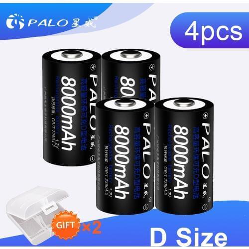 PALO 2/4/6/8pcs D size battery 100% Original rechargeable batteries 8000mAh NI-MH 1.2V battery For flash light gas cooker radio
