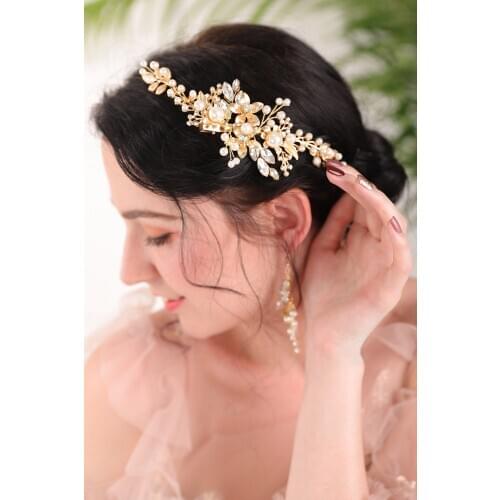 Noble Flower Gold Pearl Crystal Rhinestones Fairy women Ornaments Party Feast Wedding of Bride Accessories Hair Comb