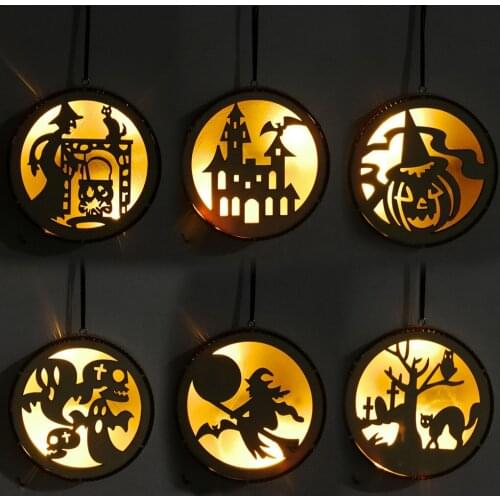 Wooden Circle Computer Laser Hollow Witch Elf Pumpkin Man Haunted House Black Cat LED Light Pendant Halloween Props