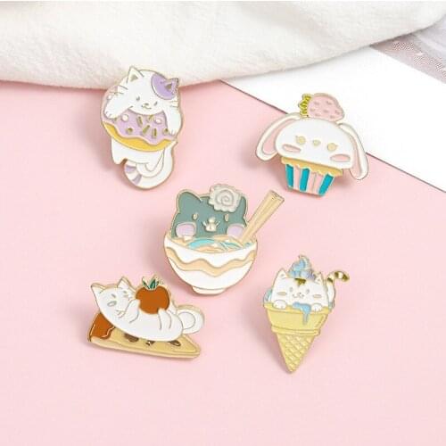 Cat and Food Enamel Pins Pizza Ice Cream Ramen Donuts Cupcake Brooches Cartoon Bag Lapel Pin Badge Jewelry Gift for Kids Friends