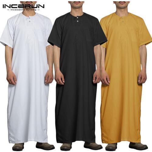 INCERUN Men Fashion Long Robes Short Sleeve Round Neck Robe Man Vintage Solid Color Muslim Kaftan Long Shirts Casual Jubba Thobe