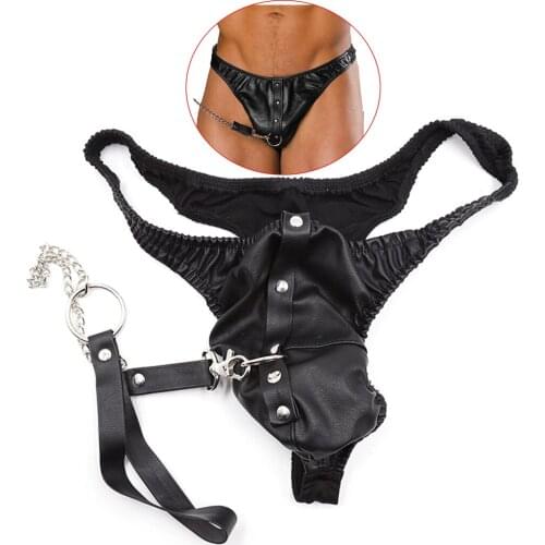 Leather Thongs With Leash Metal Chain,SM Stretch Chastity Belt Pants,Mens Sexy Lingerie Clubwear Couple Flirting Panty Sex Toys