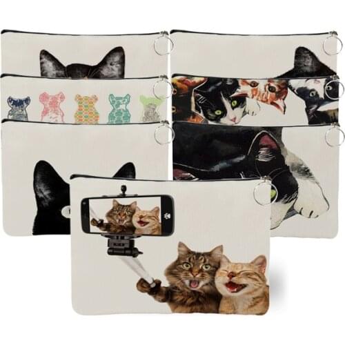 Cute Cartoon Cat Print Women Portable Pouch Clutch Travel Makeup Bag Large Canvas Toiletry Organizer Storage Cosmetic Cases