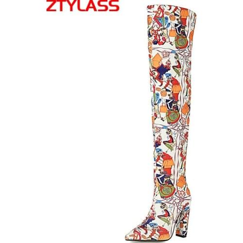 Fashion Painting Women Boots Square High Heel Over The Knee Boots Pointed Toe Autumn Winter Boots Big Size 41 42 43